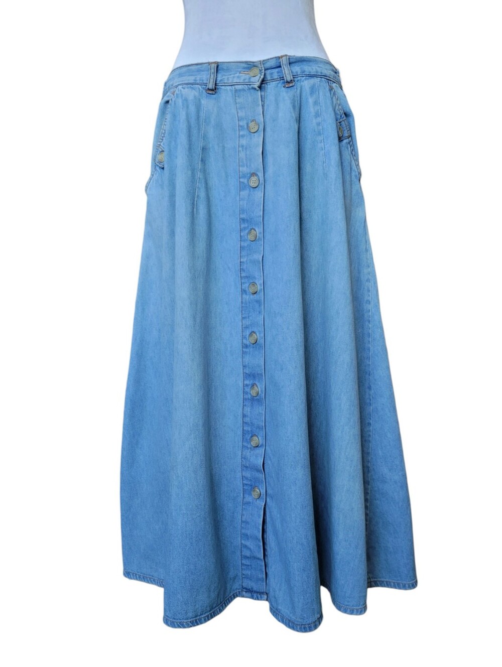 Vintage Blue Denim Button-Front Maxi Skirt Country Western Large